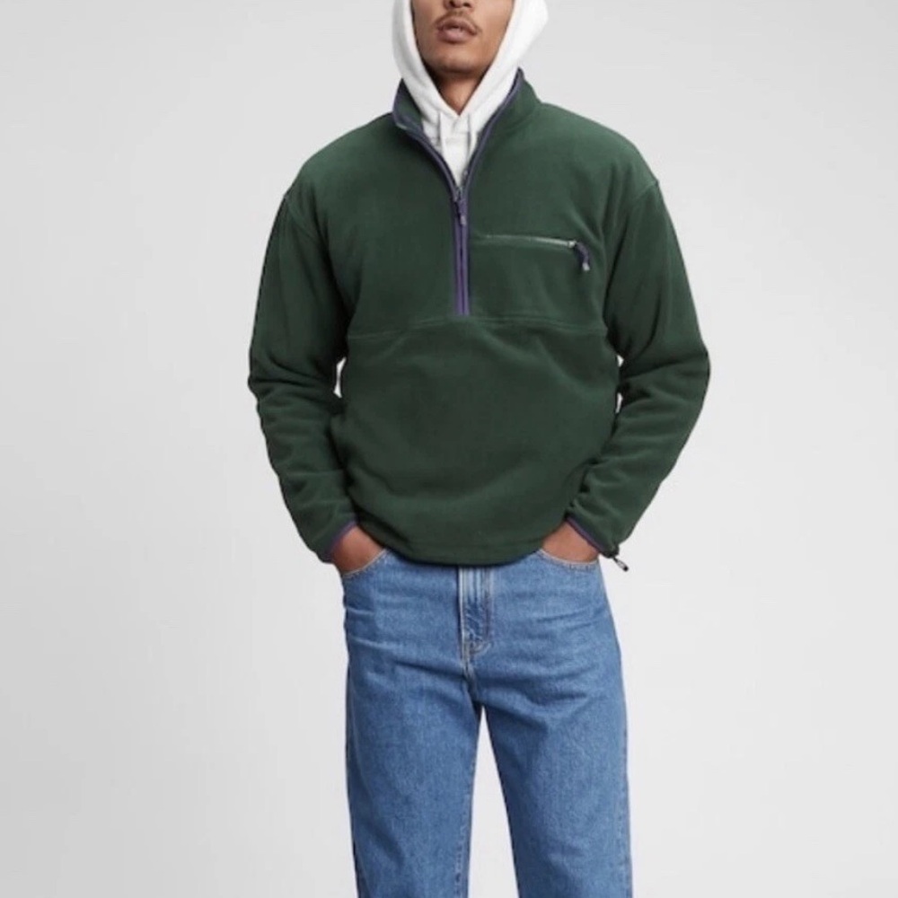 GAP Deep Forest Green & Purple Polar Fleece Quarter 1/4 Zip Pullover; Size M